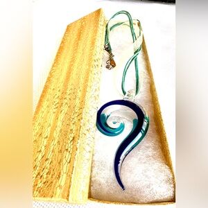 Murano Style Blown Glass Wave Swirl Cobalt Blue Reversible Pendant Necklace